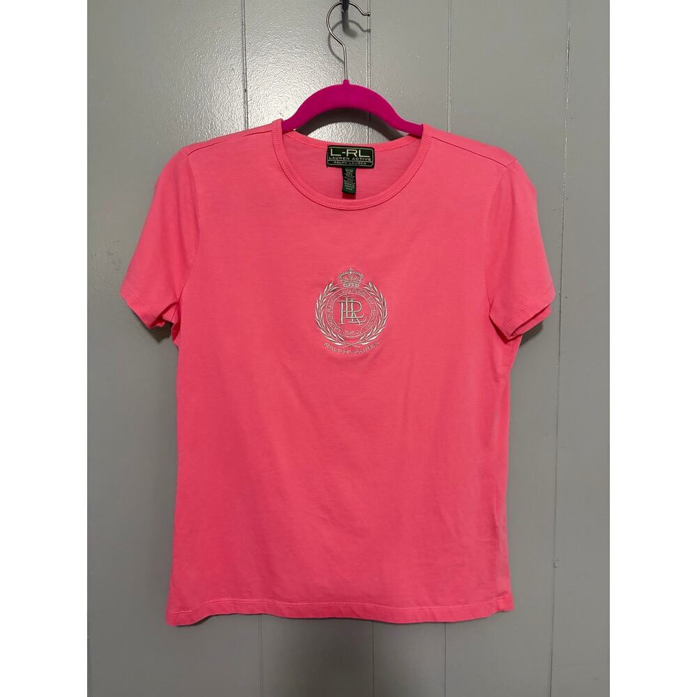 Vintage Lauren Active Ralph Lauren Pink Embroidered Crest Logo Cotton T-shirt M